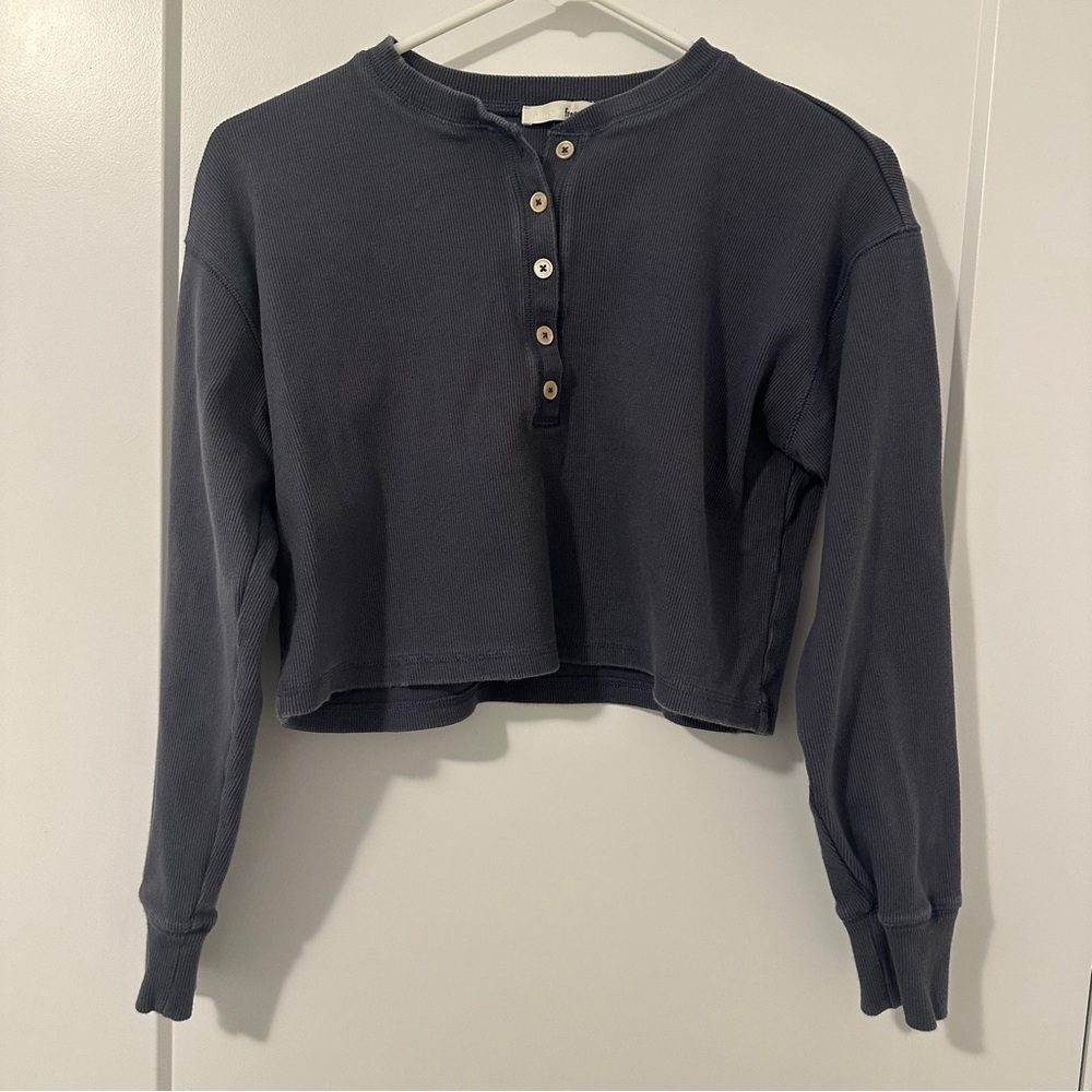 Aritzia Wilfred Free Mavis Blue Ribbed Cropped Cotton Henley Sweater Size XS
